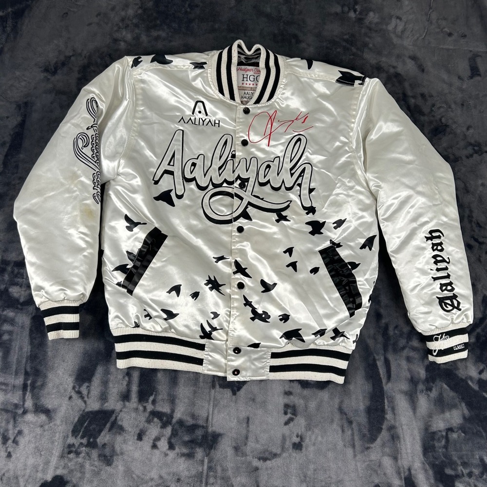 Headgear Classics Aaliyah Varsity Jacket Mens L White Satin HGC Nostalgia Co.